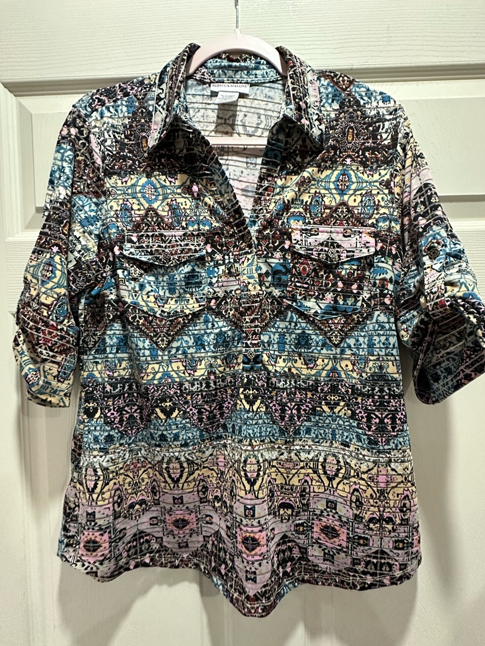 Rebecca Malone Neutral Aztec Print Shirt with Pink and Blue Accents